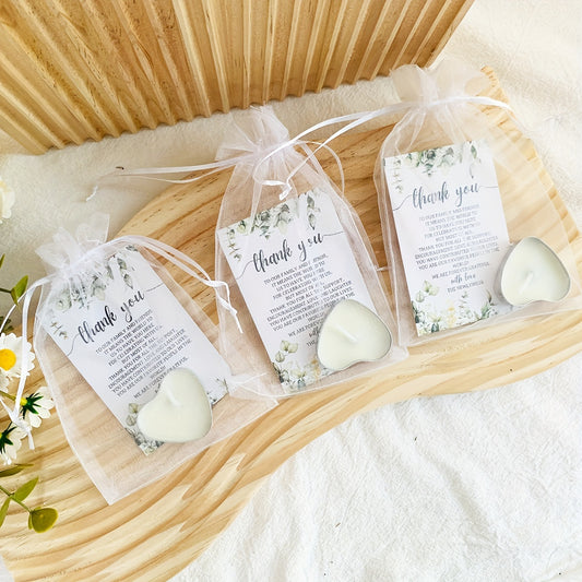 Hearts Aglow – 100-Set Wedding Guest Candle Favors with Thank You Cards & Organza Bags