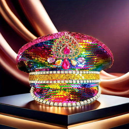 Crystal Carnival – Multicolor Sequin Captain Hat with Sparkling Accents