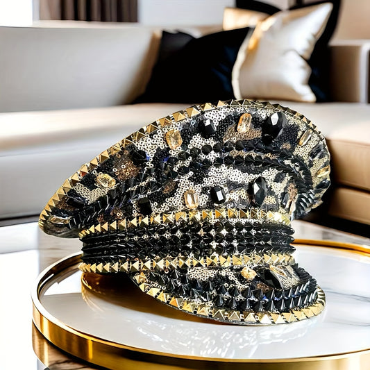 Leopard Luxe – Vintage Steampunk Captain Hat with Rivets & Rhinestones