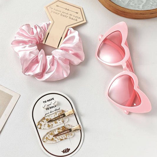 Blush & Charm – 3-Piece Bridesmaid Gift Set with Satin Hair Ties, Heart Glasses & Hair Slides